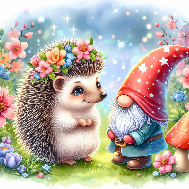 A digitally printed fabric panel featuring a cute hedgehog with a flower crown and a whimsical gnome in a garden setting with colorful flowers and stars.