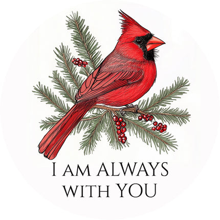 A fabric panel featuring a red cardinal bird perched on green pine branches with red berries, and the phrase 'I AM ALWAYS WITH YOU' printed at the bottom.