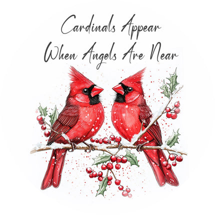 A fabric panel featuring two red cardinals perched on a branch with holly and the text 'Cardinals Appear When Angels Are Near'.