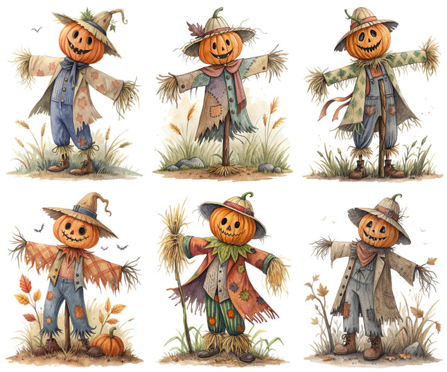 Set of six scarecrow quilt blocks