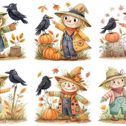 6 Piece 4"x4" Halloween Scarecrows 100% Cotton Fabric Panel Squares Quilting Blocks