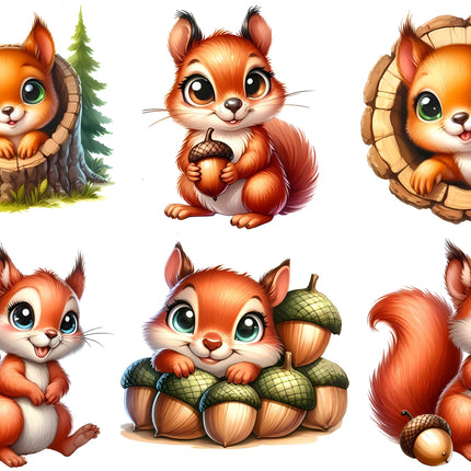 6 Piece 5"x5" Squirrels 100% Cotton Fabric Panel Squares Quilting Blocks