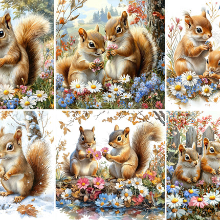 6 Piece 5"x5" Garden Squirrels 100% Cotton Fabric Panel Squares Quilting Blocks