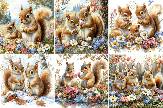 6 Piece 5"x5" Garden Squirrels 100% Cotton Fabric Panel Squares Quilting Blocks