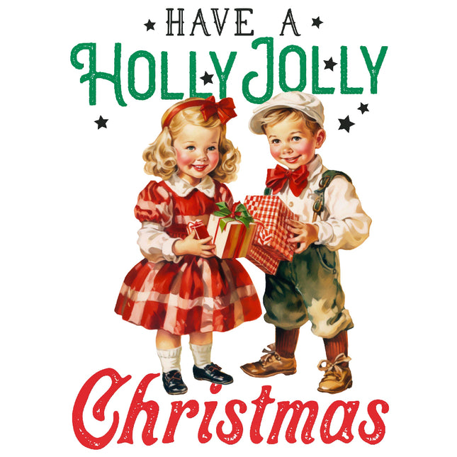 Vintage-style illustration of a boy and girl holding Christmas presents with text 'Have a Holly Jolly Christmas' on a white background.