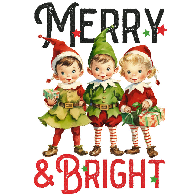 Three festive elves with 'Merry & Bright' text fabric panel