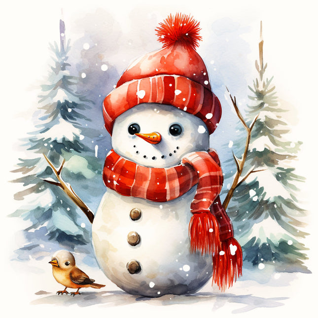 snowman with a red hat and scarf in a snowy landscape fabric panel