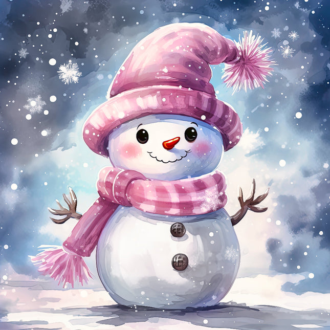 Cartoon snowman with a pink hat and scarf against a snowy background fabric panel