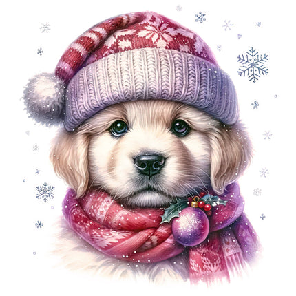 fabric panel of a puppy wearing a festive hat and scarf with snowflakes 
