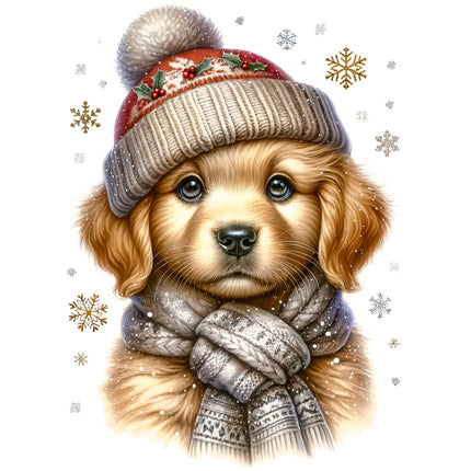 dog wearing a winter hat and scarf with snowflake decorations fabric panel
