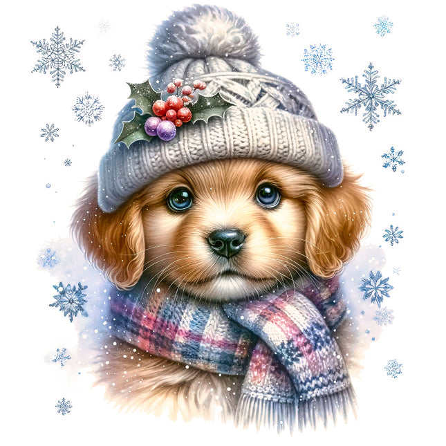 Dog wearing a winter hat and scarf with snowflakes fabric panel