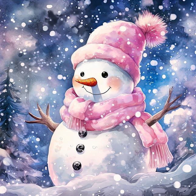 Cartoon snowman wearing a pink hat and scarf in a snowy scene fabric panel