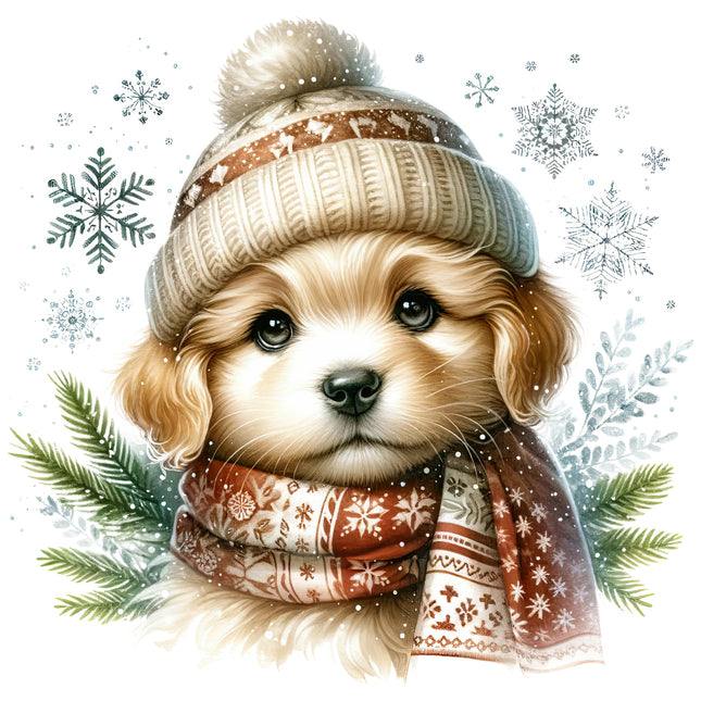 dog wearing a winter hat and scarf with snowflakes and greenery in the background.