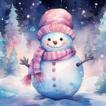 Cartoon snowman with a pink hat and scarf in a snowy landscape fabric panel