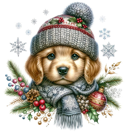 Illustration of a dog wearing a festive hat and scarf with Christmas decorations quilt panel