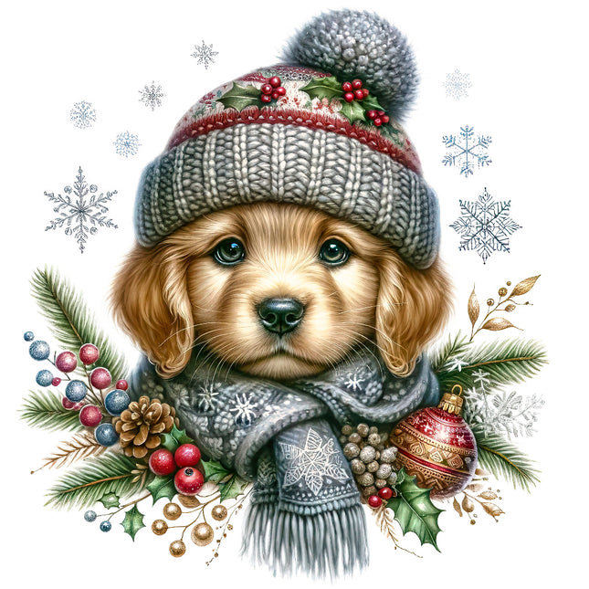 Illustration of a dog wearing a festive hat and scarf with Christmas decorations quilt panel