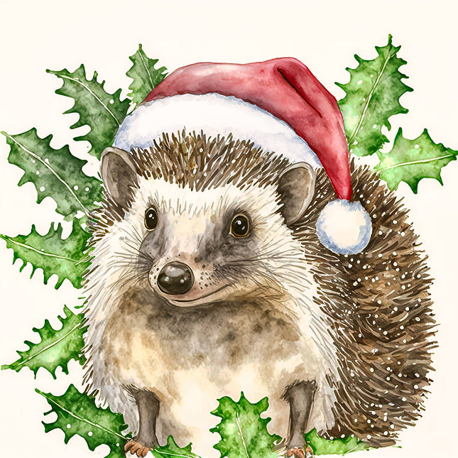 Hedgehog wearing a Santa hat surrounded by holly leaves on a white background