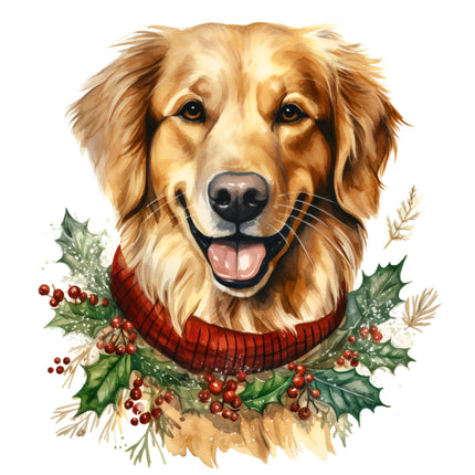 golden retriever wearing a red sweater fabric panel