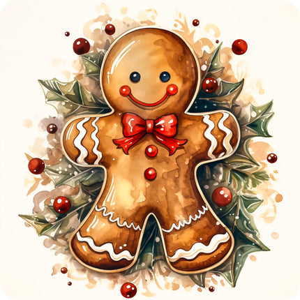 gingerbread man with holly leaves and berries quilt panel