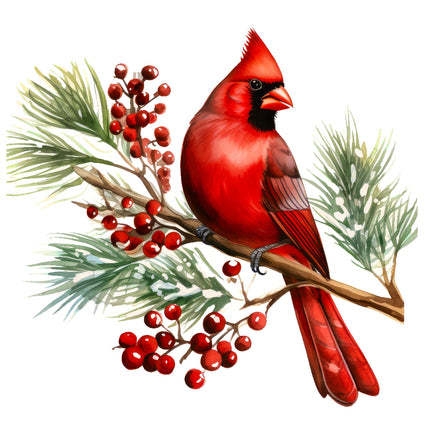 Red cardinal bird on a branch with red berries and green leaves quilt block