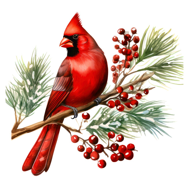 Red cardinal bird on a branch with red berries and green leaves fabric panel