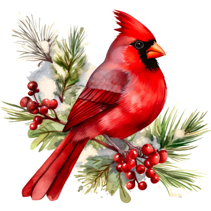 Red cardinal bird with pine branches and berries quilt panel