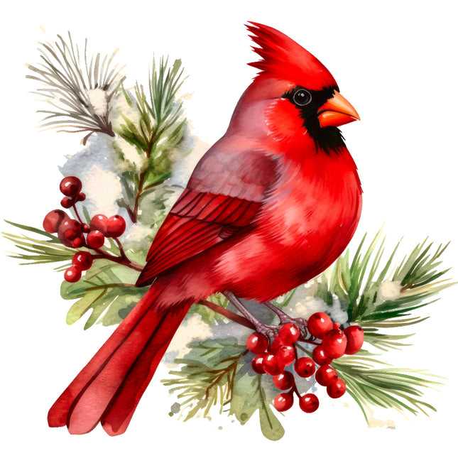 Red cardinal bird with pine branches and berries quilt panel