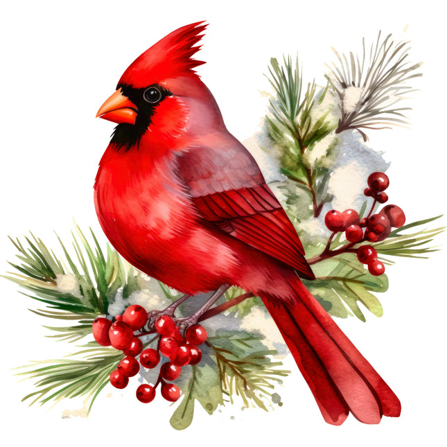 Red cardinal bird on a branch with red berries and green leaves fabric panel
