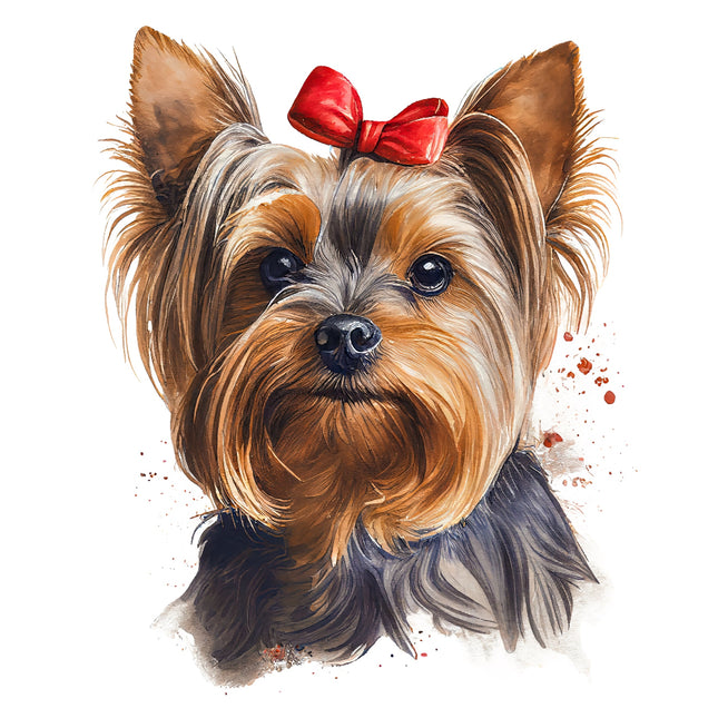 Illustration of a dog with a red bow on a white background