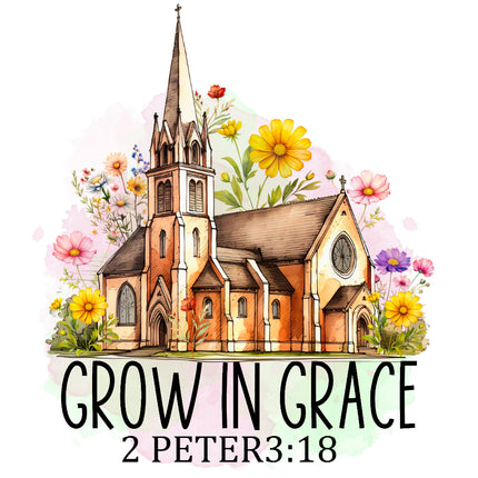 church with flowers and 'Grow in Grace 2 Peter 3:18' fabric panel