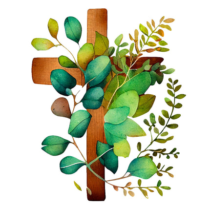 Wooden cross with green leaves quilt panel