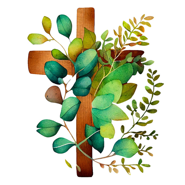 Wooden cross with green leaves quilt panel