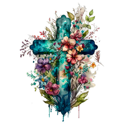Colorful cross surrounded by flowers and leaves fabric panel