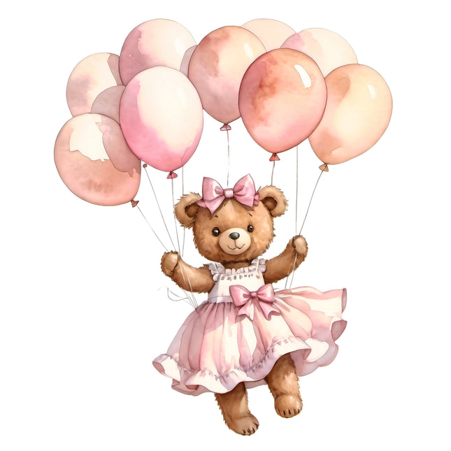 Pink Teddy Bear & Balloons 100% Cotton Fabric Panel Block T104