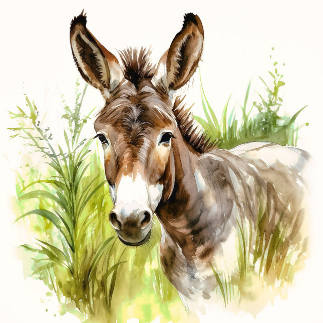Illustration of a donkey surrounded by grass fabric panel