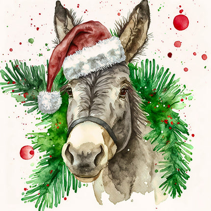 Donkey wearing a Santa hat surrounded by Christmas decorations fabric panel