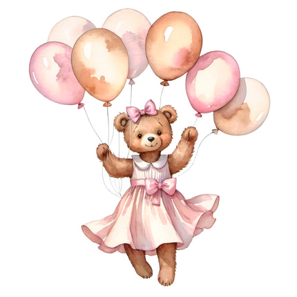 Pink Teddy Bear & Balloons 100% Cotton Fabric Panel Block T105