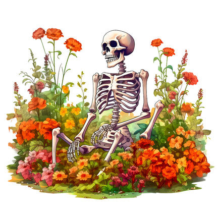 Skeleton sitting among flowers on a white background