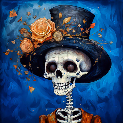 Skeletal face with top hat and flowers against a blue background fabric panel