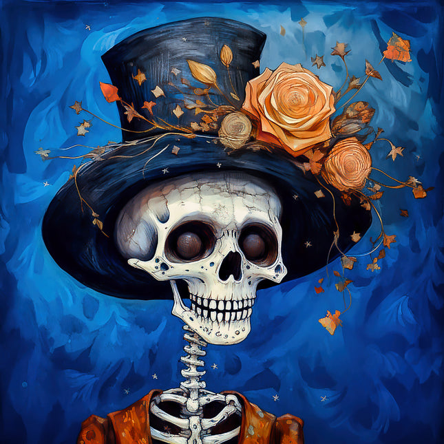 Skeletal face with top hat and roses fabric panel
