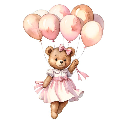 Pink Teddy Bear & Balloons 100% Cotton Fabric Panel Block T106