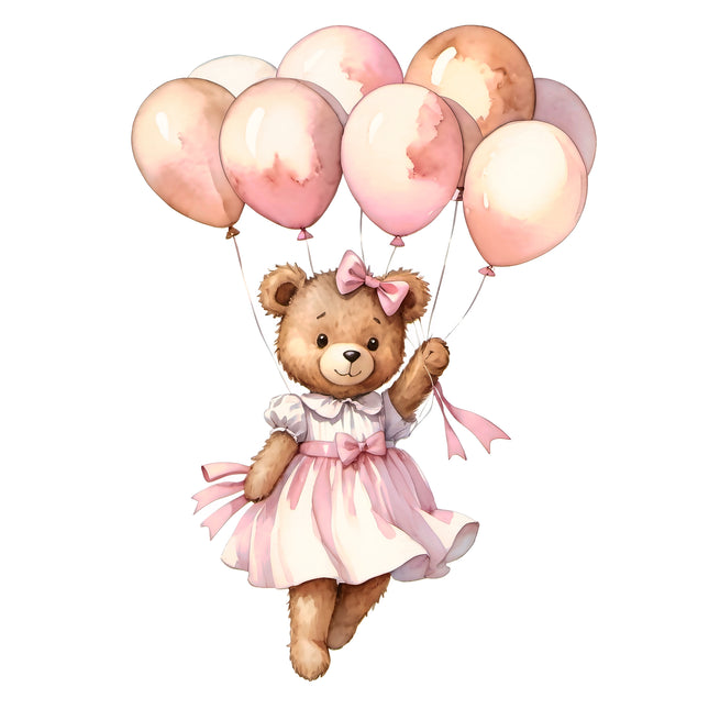 Pink Teddy Bear & Balloons 100% Cotton Fabric Panel Block T106