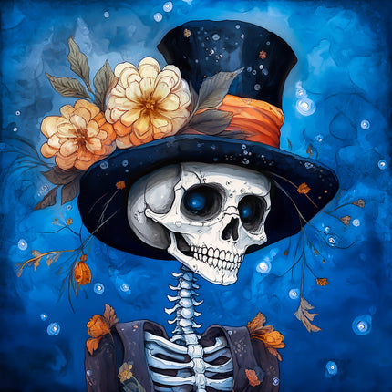 Skeletal figure wearing a decorative top hat with flowers fabric panel
