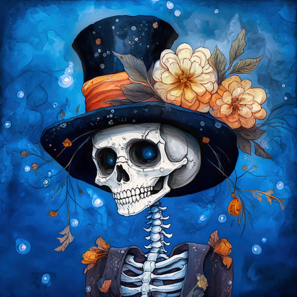 Skeletal figure with a top hat and flowers fabric panel