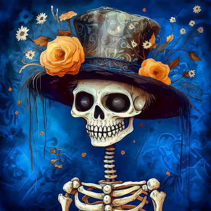 Skeletal face with a hat and flowers on a blue background fabric panel