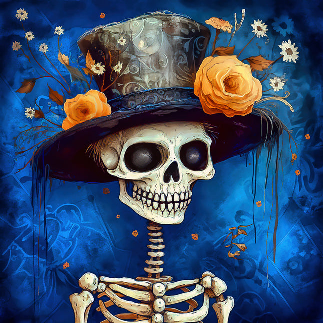 Skeletal figure with a decorative hat and flowers fabric panel