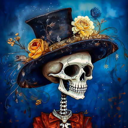 Skull wearing a decorative top hat with flowers fabric panel