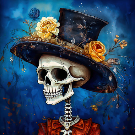 Skull wearing a top hat with flowers fabric panel