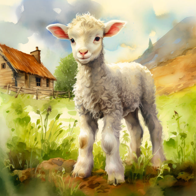 Illustration of a lamb standing in a pastoral scene with a house and trees.