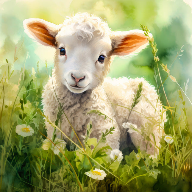 White lamb in a grassy field with flowers quilt panel